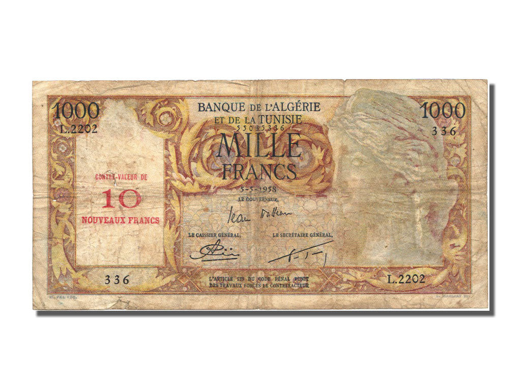 Bankovka,
Alžírsko,
10 NF na 1000 franků