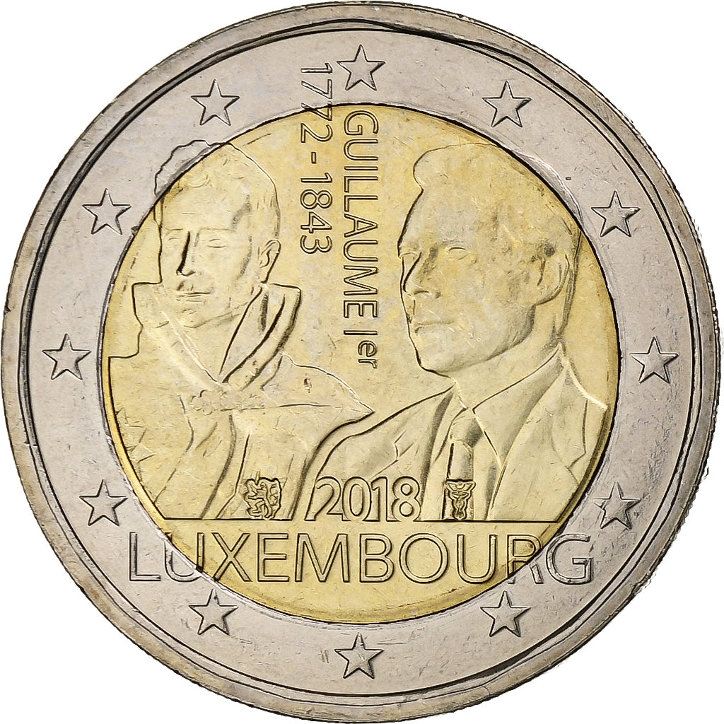 Lucembursko,
2 eura,
175e výročí smrti velkého dua Guillaume Ier