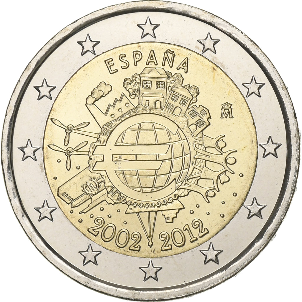 Španělsko,
2 eura,
10 let euro