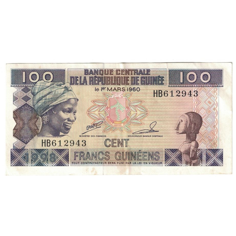 Bankovka,
Guinea,
100 franků