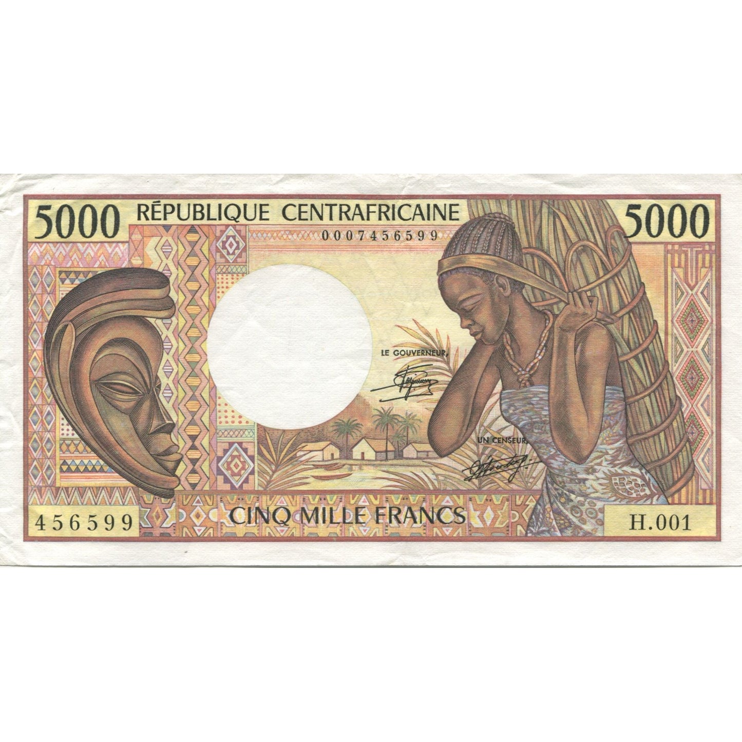 Bankovka,
Středoafrická republika,
5000 franků