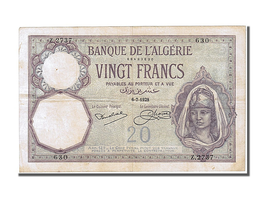 Bankovka, 
  
  Alžírsko, 
  
  20 franků