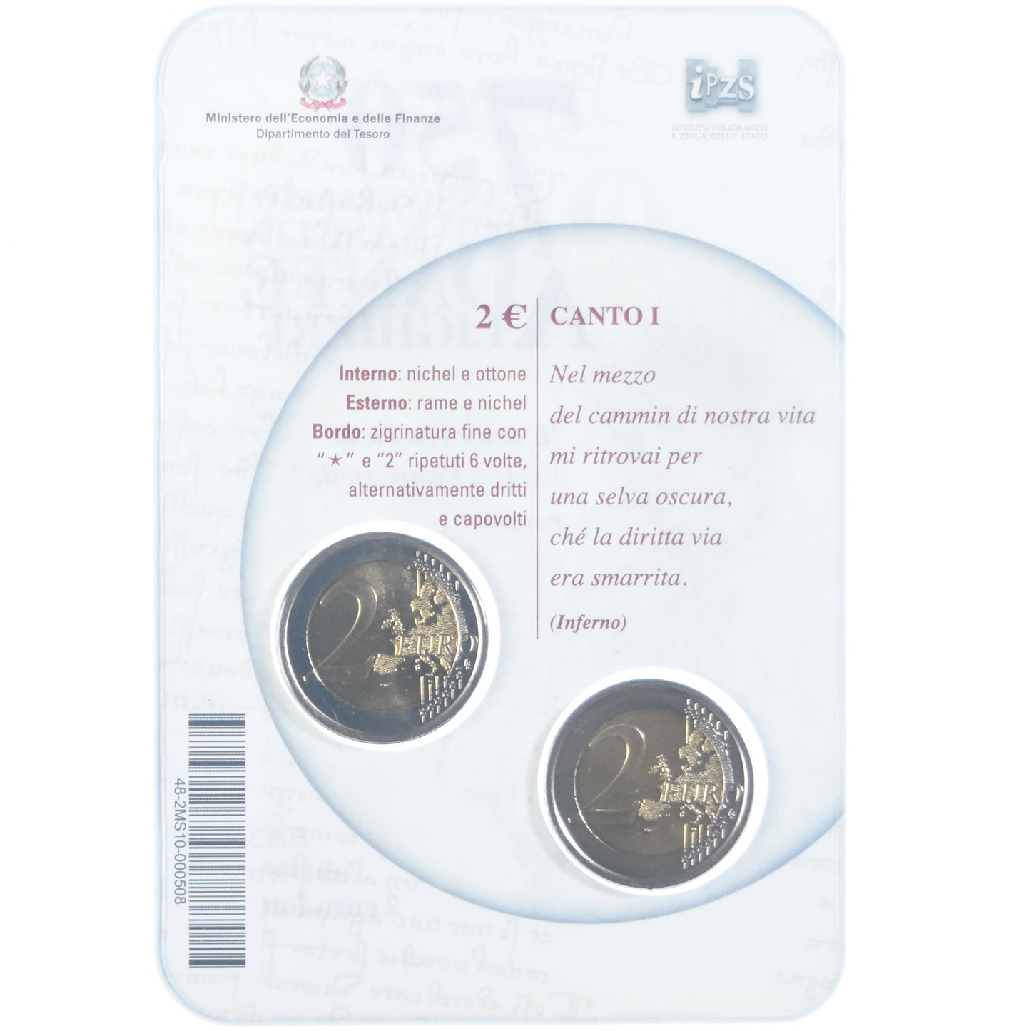 Itálie, 
  
  2 eura, 
  
  Dante Alighieri