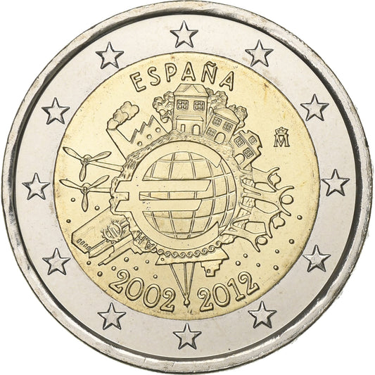 Španělsko, 
  
  2 eura, 
  
  10 let euro