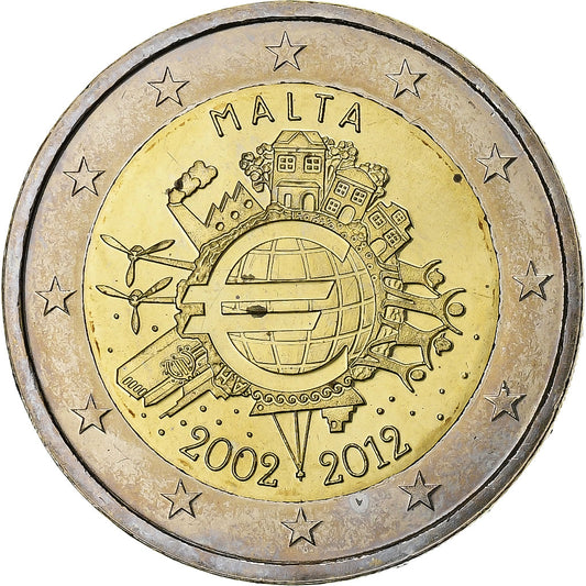 Malta, 
  
  2 eura, 
  
  10 Jahre Euro