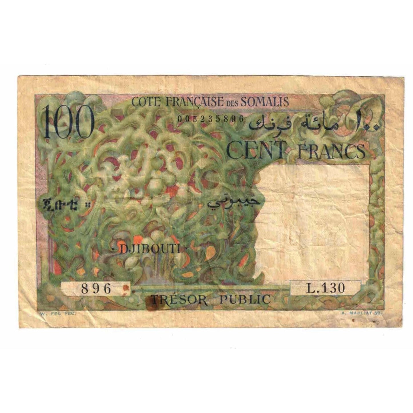 Bankovka, 
  
  francouzské Somaliland, 
  
  100 franků