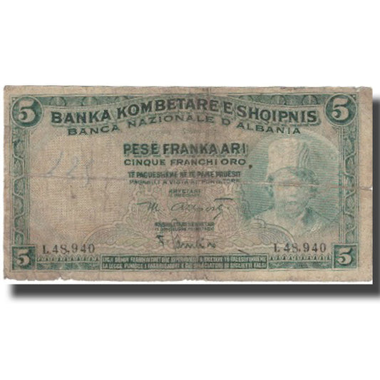 Bankovka, 
  
  Albánie, 
  
  5 Franka Ari