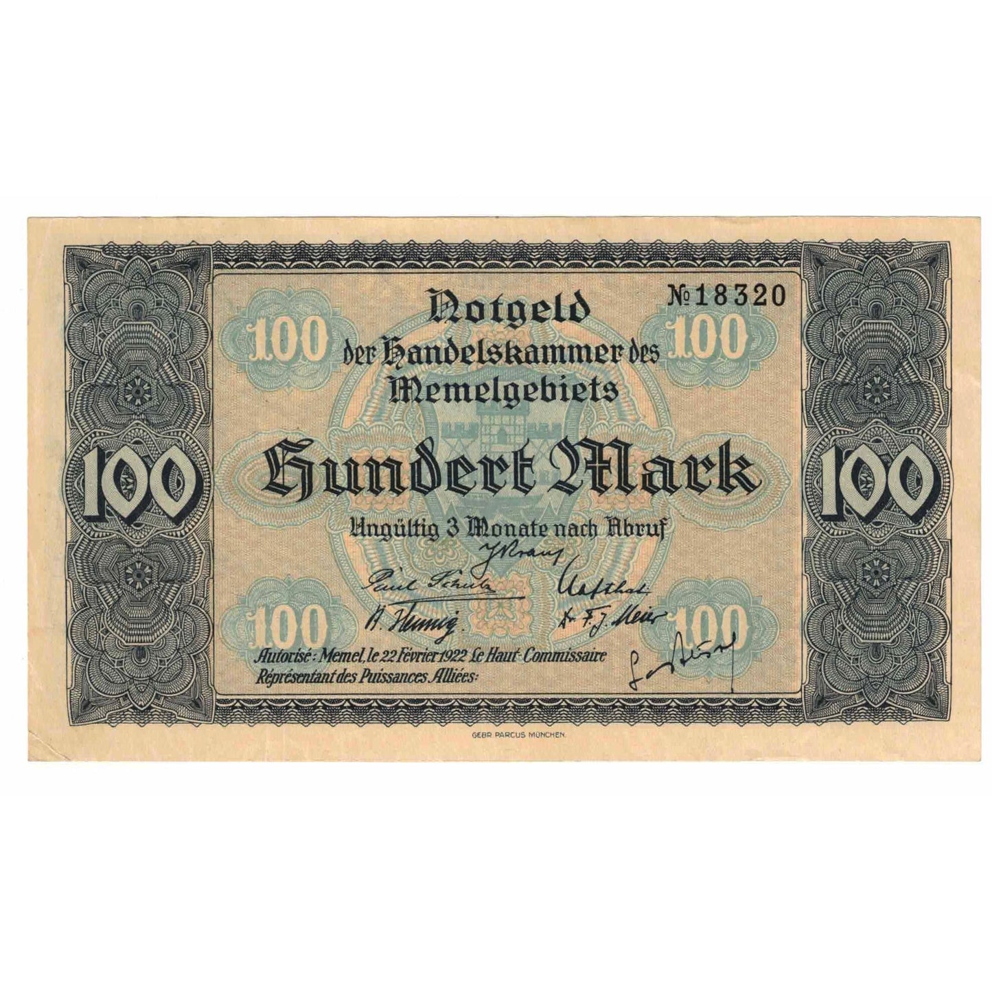 Bankovka, 
  
  memel, 
  
  100 marek