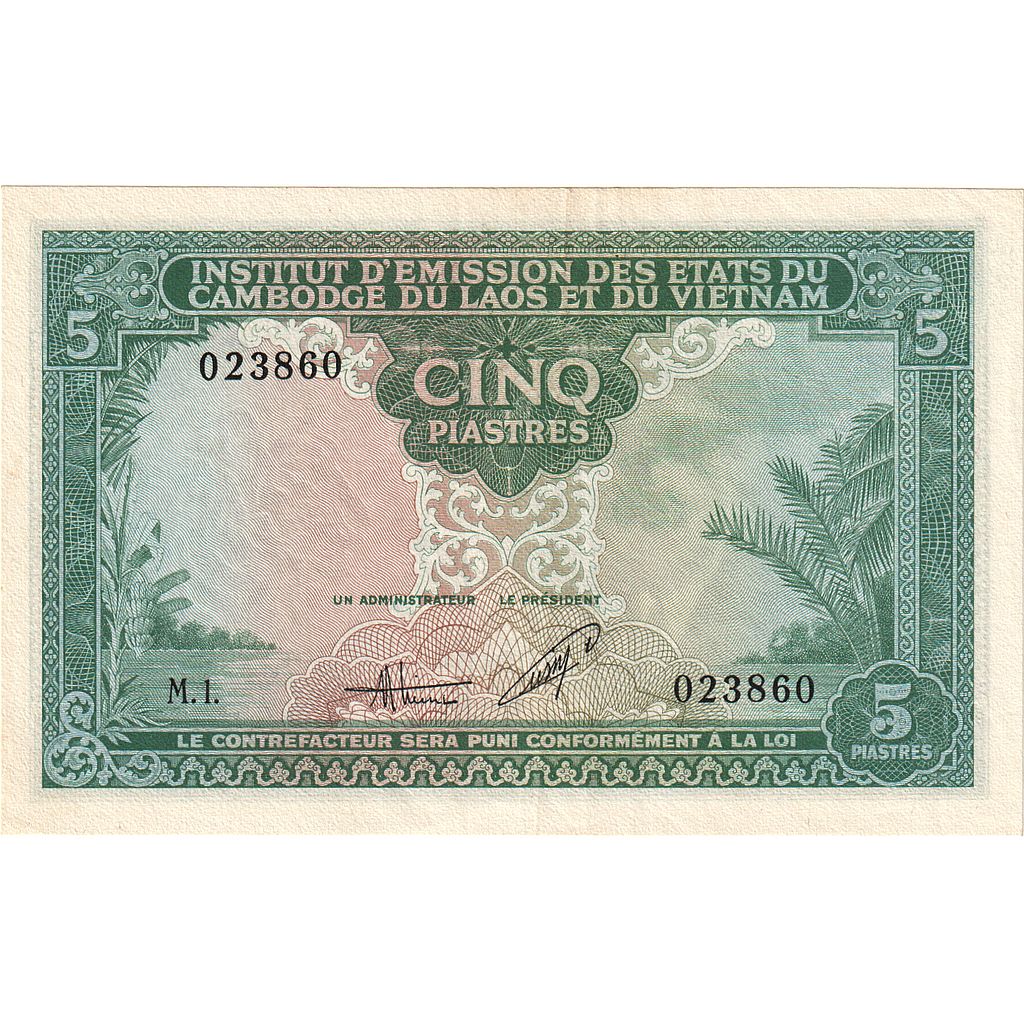 Bankovka, 
  
  FRANCOUZSKÁ INDO-ČÍNA, 
  
  5 Piastrů = 5 Dongů